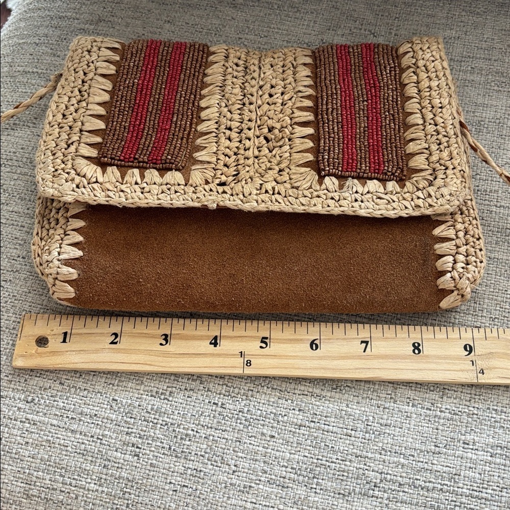 Free People Vintage boho suede leather and paper Raffia beaded crossbody purse - Picture 15 of 16